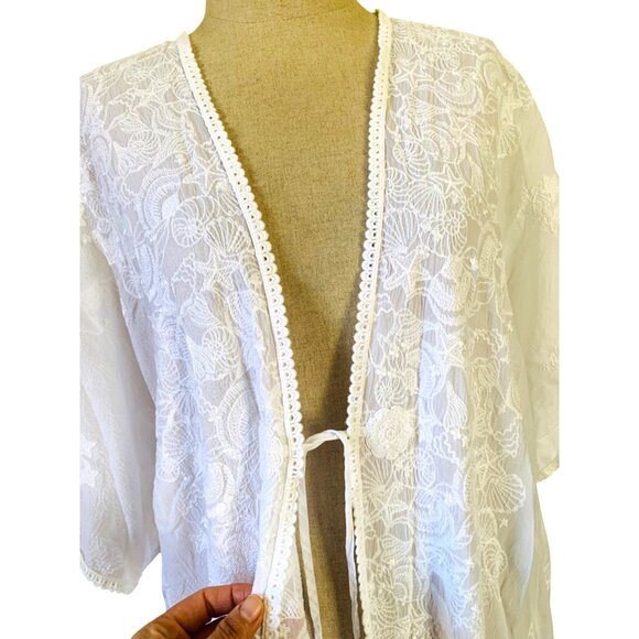 Johnny Was Women's One Size White Lace Embroidered Open Front Kimono - Picture 8 of 15